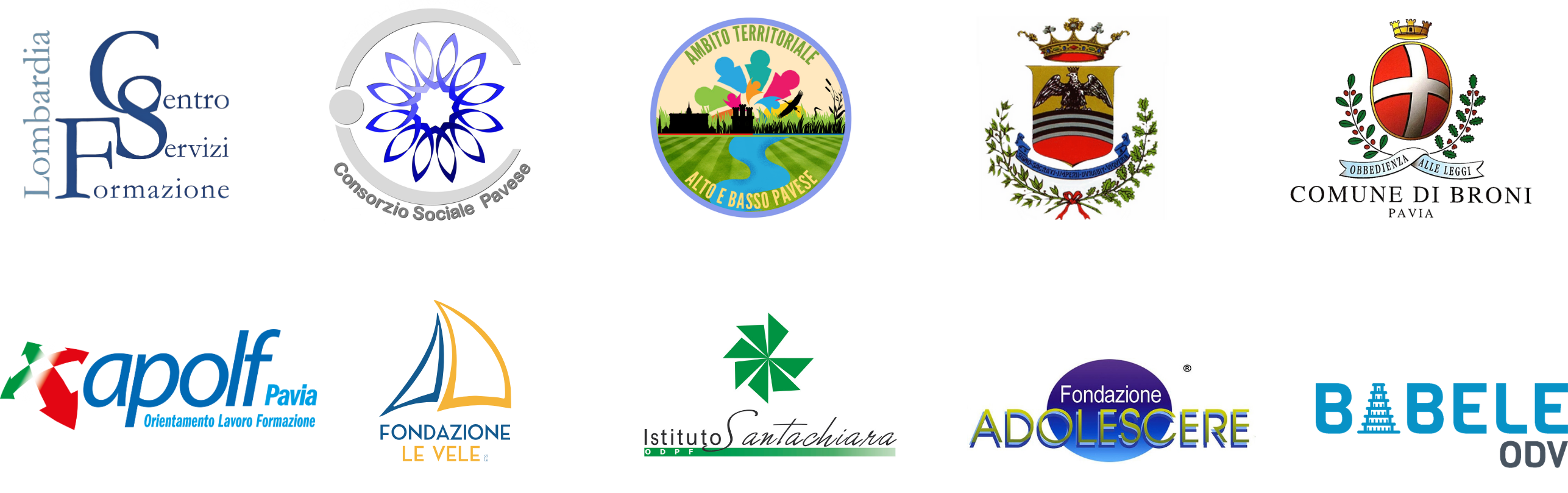 Loghi Enti Partner Istituzionali: CSF Lombardia, Consorzio Sociale Pavese, Ambito Territoriale Alto e Basso Pavese, Provincia di Pavia, Comune di Broni, APOLF Pavia, Fondazione Le Vele, Istituto Santachiara, Fondazione Adolescere, Babele ODV